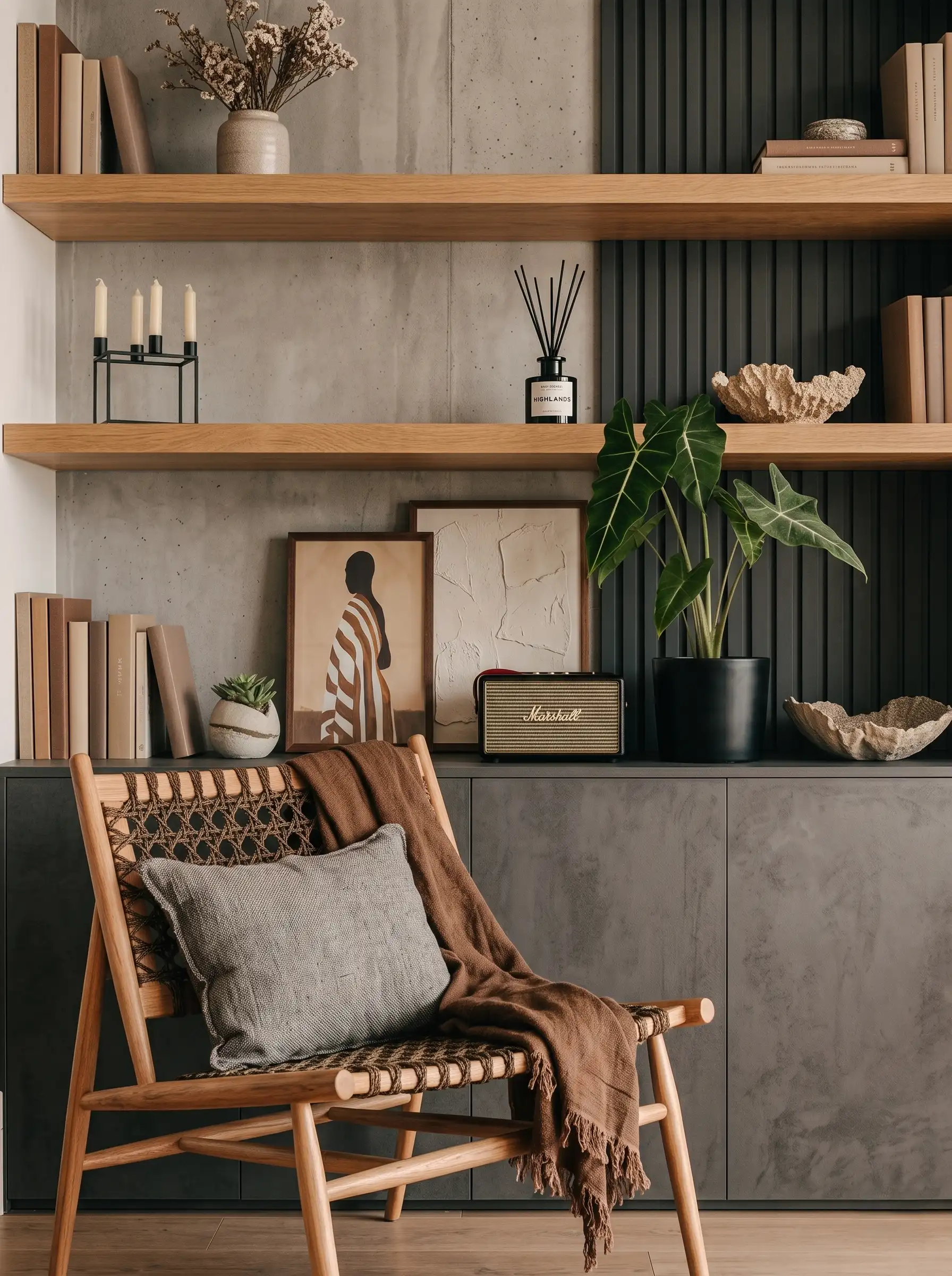 Rincón cálido de un proyecto terminado: silla de madera con asiento trenzado, cojín de lino gris y manta café con flecos, frente a repisas de roble con libros en tonos tierra, plantas y objetos decorativos.